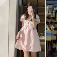 賢語(yǔ)日系甜美公主裙蝴蝶結泡泡袖粉色花邊泡連衣裙子女學(xué)生夏季a字裙 粉色連衣裙 【蝴蝶結可拆卸】 S