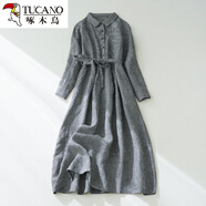 啄木鳥(niǎo)復古棉麻小格子收腰系帶連衣裙秋季polo領(lǐng)排扣長(cháng)袖亞麻襯衫裙子潮 格子 M【90-105斤】