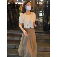 唐菓蜜連衣裙女夏季2024年新款女裝韓版時尚百搭甜美泡泡袖顯瘦港風裙子 卡其色裙 M