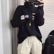 索宛亦（SUOWANYI）加厚歐洲站2021秋冬新款豎條紋高領(lǐng)毛衣女寬松慵懶風(fēng)套頭針織打 黑 均碼