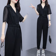 Lauaird 軍綠色連體褲女2022春秋新款高腰顯瘦垂感長(cháng)褲工裝小腳連衣褲套裝 短袖黑色 2XL 125斤-135斤