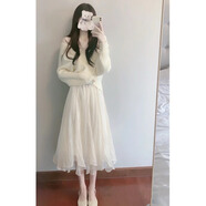 妍莉芬新款秋冬連衣裙女裝小香風(fēng)氣質(zhì)女神范穿搭白色毛衣網(wǎng)紗針織裙子女 白色網(wǎng)紗半身裙 M