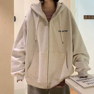 嬌茹妮 美式ins高街復(fù)古衛(wèi)衣女寬松情侶裝班服開衫女秋寬松連帽拉鏈外套 花灰色（秋冬加絨）450克銀狐絨 XL （125—138斤）