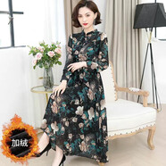 在禮雪紡連衣裙女夏季2025新款長(zhǎng)袖高端顯瘦修中老年質(zhì)碎花長(zhǎng)款裙子 綠色【加絨】 4XL