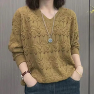 純子兮品針織衫女2025春秋新款時(shí)尚洋氣鏤空顯瘦氣質(zhì)寬松百搭毛衣長(zhǎng)袖上衣 純色鏤空姜黃【一件裝] XL 建議【115-130斤]