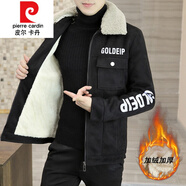 皮爾卡丹羊羔絨冬季外套男士翻毛領(lǐng)夾克韓版潮流鹿皮絨加厚皮棉衣服針織 黑色2816可拆毛領(lǐng) M