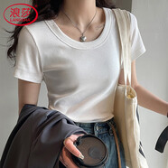 浪莎女士T恤女夏季薄款顯瘦圓領螺紋純色打底百搭透氣女士休閑短袖