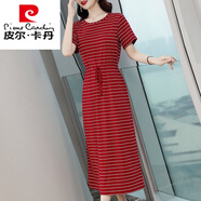皮爾卡丹純棉條紋連衣裙女夏季t恤長(zhǎng)款過膝收腰氣質(zhì)顯瘦大號(hào)休閑長(zhǎng)裙洋氣 酒紅 橫條紋32款 XL 120-130斤