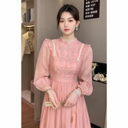 FDPV連衣裙秋裝女2024年新款20-30歲新中式民族風(fēng)釘珠甜美復古長(cháng)袖重 皮粉色 M 80-105斤