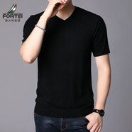 富鋌（FORTEI）品牌高檔針織衫男士羊毛針織衫春秋短袖T恤V領(lǐng)半袖純色薄款打底衫 官方旗艦黑色 M 165105