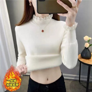 度漁加絨加厚毛衣女一體絨內(nèi)搭2024新款冬季蕾絲半高領(lǐng)打底衫保暖上衣 白色 L  105斤--115斤