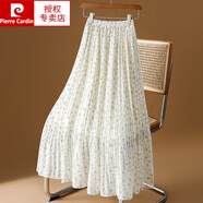 皮爾卡丹（pierre cardin）杏色碎花半身裙女春夏2024新款小個子高腰顯瘦雪紡百褶裙大擺長裙 杏色 L