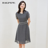 風笛（Bagpipe）風笛2024夏季新款黑色連衣裙碎花女顯瘦設計高級感氣質印花中裙 黑色 XL