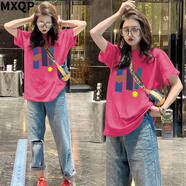 MXQP純棉短袖t恤女2025夏季新寬松顯瘦美式復古設計感小眾中長(cháng)款上衣 玫紅色【彩色字母HI】 L 【110-130斤】