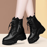 AI真皮短靴女2025秋冬季新款厚底內增高馬丁靴皮鞋加絨棉鞋高跟靴子 黑色【單里內增高款】YJN1011 38