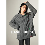 百家好（Basic House）Basic House/百家好不規(guī)則斜邊紐扣毛衣女秋冬中長(zhǎng)款加厚開(kāi)衫上衣 鋼鐵灰 XL