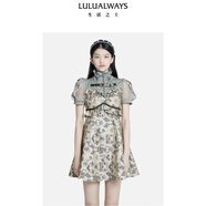 LULUALWAYS秋季新款設計感拼接高腰木耳邊連衣裙 米色 M