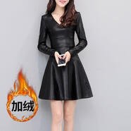 現寶蓮秋冬新款長(cháng)袖大擺收腰緊身皮連衣裙高腰V領(lǐng)加絨PU皮裙傘裙潮 黑色 5XL 155-165斤