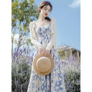 妍莉芬（yanlifen）2025年夏季碎花淺藍(lán)色方領(lǐng)吊帶連衣裙女裝海邊度假沙灘裙子套裝女 油畫裙兩件套 XL