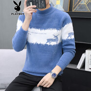 花花公子 半高領(lǐng)男款毛衣秋冬季新款男裝加絨加厚男裝針織衫冬裝潮流韓版 2147藍色 XL