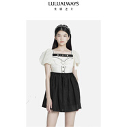 LULUALWAYS【商場(chǎng)同款】夏季新淑女別致復古水鉆提花泡泡袖連衣裙宴會(huì )晚禮服 黑色 S