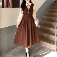 拉曼咔學(xué)院風(fēng)襯衫拼接假兩件連衣裙女秋冬法式復(fù)古紅色燈芯絨長(zhǎng)裙子 卡其 M 【80-100斤】