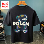 貓人（MiiOW）夏季男T恤寬松潮流薄款印花短袖體恤高級五分袖男衣服中國風(fēng)  5706黑色 M