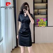 皮爾卡丹新中式旗袍小黑裙晚禮服名媛時尚氣質(zhì)顯瘦黑色短裙緞面連衣裙洋氣 短袖短裙 M