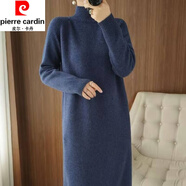 皮爾卡丹（pierre cardin）半高領(lǐng)針織連衣裙女秋冬季新款長款過膝寬松顯瘦加厚保暖打底長裙 藏青色 綿羊絨加厚 XL