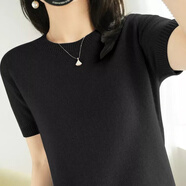 SHXI圓領(lǐng)短袖羊女毛衫寬松短款打底針織衫薄款中袖絨毛衣羊毛衫純色 黑色 L 100斤-110斤