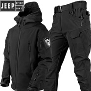 JEEP SPIRIT大碼戶外軟殼沖鋒衣男套裝秋冬加絨騎行夾克機(jī)能登山戰(zhàn)術(shù)外套 上衣+褲子【黑色】 4XL 210-230斤