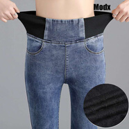 MODX 香港潮牌高腰牛仔褲女新款秋冬季打底褲修身顯瘦松緊腰小腳長(cháng)褲子 復古藍-加絨加厚9666 27 碼【建議90-100】