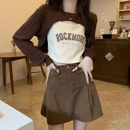 熙敘晨 歐美辣妹短款上衣兩件套設計感小眾印花美式復古正肩長(cháng)袖T恤女秋 棕色長(cháng)袖兩件套【版】 S 60-85斤