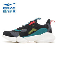 鴻星爾克（ERKE）紅星旗艦跑步鞋男織面皮革拼接撞色流暢輕便舒適戶外休閑鞋運動鞋 正黑/深沼澤色 39