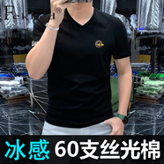 Fekked香港潮牌夏季男士v領(lǐng)短袖冰絲體恤修身男裝小蜜蜂潮流休閑半截袖 黑色(絲光棉) M