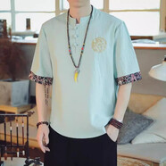 凱羅盾麻衣服男國潮T恤男夏季中國風(fēng)亞麻刺繡T恤大碼寬松短袖 新款橄欖綠 XL 135-145