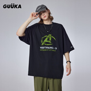 古由卡（GUUKA）白色t恤男士潮牌短袖純棉夏季新款男裝上衣磨破做舊寬松美式高街 黑色F4613 S