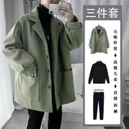 安初夏毛呢夾克外套男士休閑套裝秋冬季保暖時尚穿搭配潮流衣服男裝 2綠毛呢外套+高領黑毛衣+西褲 XL【建議120-140斤】