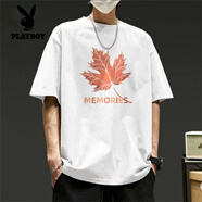 花花公子（PLAYBOY）純棉短袖t恤男ins潮牌日系港風(fēng)復(fù)古高街重磅夏裝寬松潮流帥氣美式 白色短袖T恤(楓葉) L(適合110-130斤)