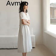 潮牌Avmko連衣裙2022新款小個子褶皺白色連衣裙女夏季仙氣溫柔風(fēng)棉高腰系帶中長款a字裙 白色 L