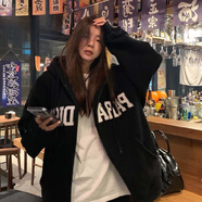 風(fēng)采兔衛(wèi)衣女春秋款2024新款中長款加絨加厚秋冬季韓版寬松開衫外套潮 黑色(加絨) XL