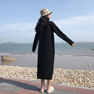 瑾衣媛加厚長毛衣裙套頭女秋冬韓版寬松圓領(lǐng)長裙款過膝打底針織裙子 黑色((高)領(lǐng)裙底開叉) M