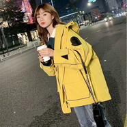 LEDE工裝短外套女春秋季女裝2021年新款韓版學生寬松休閑ins薄款連帽風衣學院風bf潮長袖上衣服 黃色ko L   建議116-125斤