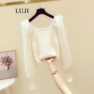 陸際（LUJI）針織衫 香港潮牌法式釘珠鑲鉆方領(lǐng)短款毛衣女2021秋冬新款設(shè)計感羽毛拼接毛針織衫 白色 S