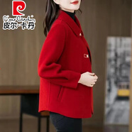 皮爾卡丹（pierre cardin）2025新款雙面絨毛呢外套女士短款顯瘦媽媽時尚秋冬上衣胖人特大碼 紅色 L 95-110斤
