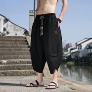 華天牧夏季棉麻休閑褲男士七分褲中國風(fēng)提花褲子寬松大碼哈倫褲7分褲胖 KK109黑色 2XL 建議130-155斤可穿