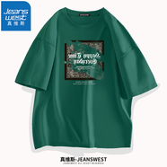 真維斯（JEANSWEST）純棉短袖男女同款夏季ins青少年情侶小眾寬松印花t恤休閑學(xué)生t恤 森林綠（腰花方巾） L (推薦體重110斤-130斤左右)