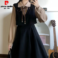 皮爾卡丹（pierre cardin）官方高端香云紗裙子赫本學(xué)院風(fēng)假兩件長(cháng)袖連衣裙春秋新款女韓版收 品牌旗艦A23黑色(收藏贈領(lǐng)結+領(lǐng) 品牌旗艦S 90斤以下