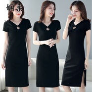 嫻柔黑色一字領(lǐng)肩連衣裙女夏季長款修身顯瘦短袖開叉女裝打底長裙子 鏤空370-黑色 卡碼拍大 M 【85-95斤】