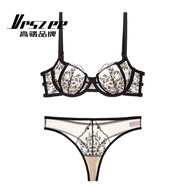 VRSZEE高端品牌內(nèi)衣女薄款性感蕾絲刺繡文胸套裝防下垂上托胸罩比基尼 黑色 75B